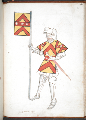 Knight, in armour and tabard, holding a sword and a standard with banner and arms.