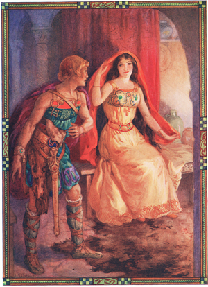 The lady uncovered her face (from The Loathly Lady and the Gallant Knight)  (colour litho)