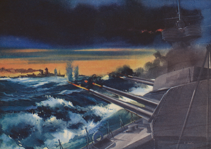 HMS Exeter in action at the Battle of the River Plate, 1939 (colour litho)