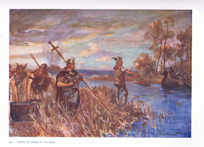 Ely burned and looted by the Danes, illustration from'Childrens Tales of English Minsters', c.1920 (colour litho)