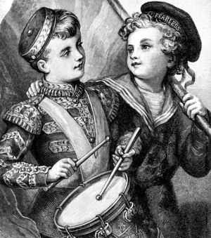 Engraving depicting two boys in costumes, one as a soldier and the other a sailor, for a fancy dress party.