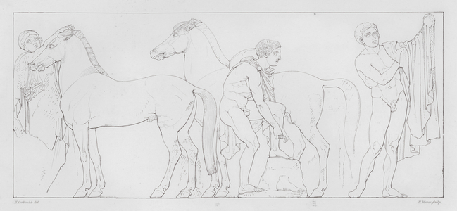 Horsemen preparing their horses, ancient Greek marble relief from the Parthenon Frieze (engraving)