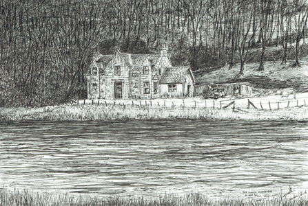 House across the river Spey, 2006 (ink on paper)