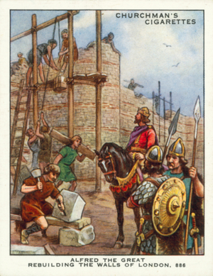 Alfred the Great rebuilding the Walls of London, 886 (colour litho)
