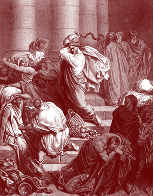 Jesus in the temple, engraving by Doré. - Bible
