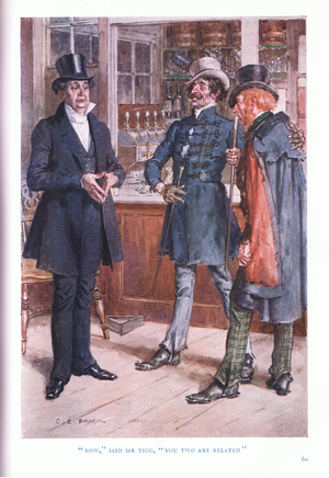 "Now" said Mr Tigg, "you two are related".   (colour litho)