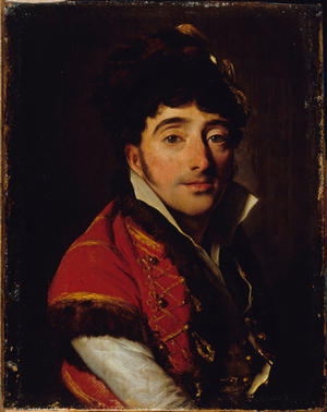 Portrait of an actor in a red jacket trimmed with fur, circa 1800 (oil on canvas)
