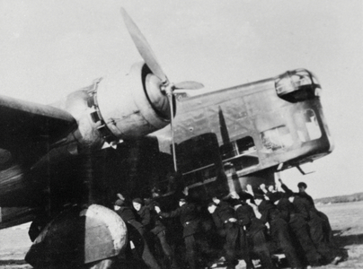 French Army Air School, after landing the teams return the planes to the hangars in May 1940 (b/w photo)