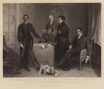 Jan Tzatzoe, Andries Stoffles, the Reverend Dr Philip and the Reverend Messrs Read, senior and junior, giving evidence before the committee of the House of Commons (engraving)