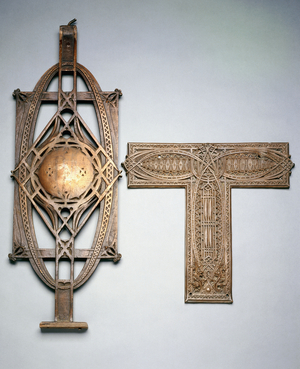 A copper-plated cast iron stairway baluster and a copper-plated metal decorative panel, c.1894 (copper-plated cast iron, copper-plated metal)