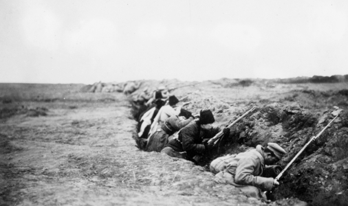 Russian troops in trenches, 1914 (b/w photo)