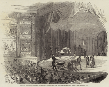 American and French Equestrians at Drury-Lane Theatre, Mr M'Collum's Feat on two Horses (engraving)