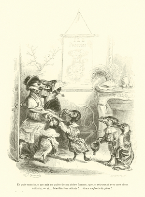 Et puis ensuite je me mis en quete de ma chere femme, que je retrouvai avec mes deux enfants, et, benediction celeste! (engraving)