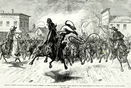 Kansas - Cowboys and longhorn cattle in a trail town. 1878 (b/w photo)