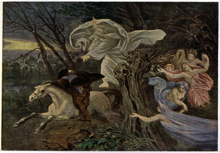 Music. Rider in the forest. Der Erlkonig (The Erlking), lied by Franz Schubert (1813), inspired by the poem: Erlkonig, by Johann Wolfgang von Goethe. Illustration inspired by Moritz von Schwind, Germany, c.1910 (postcard)