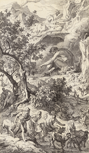 Odysseus passing the cave of Polyphemos (engraving)