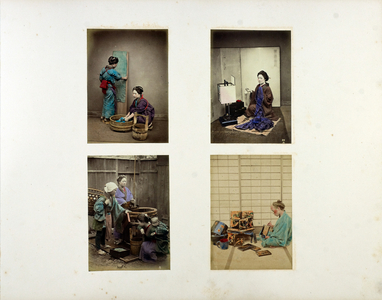 A: washing and drying, B: girl sewing, C: group at well, D: box decorator, 19th century (hand-coloured b/w photo)