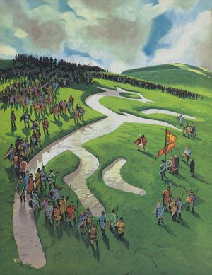 Uffington White Horse, built by Alfred The Great after the battle at Ashdown against the Danes (colour litho)