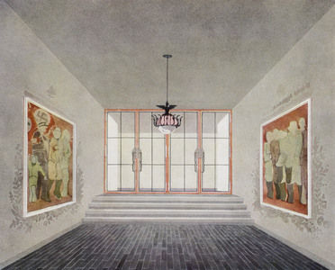 1930s interiors: Entrance hall with wall paintings (colour litho)