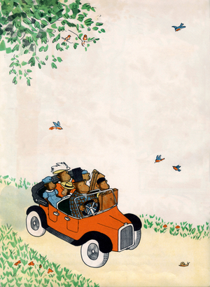 Zephir (little monkey) and his family in the car, 1936 (illustration)