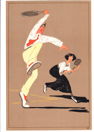 A print of two tennis players in comic and humorous postures, c.1920 (colour litho)