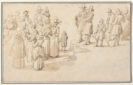 An elegant company drinking spring water (black chalk, pen & brown ink, with brown & grey wash on paper)