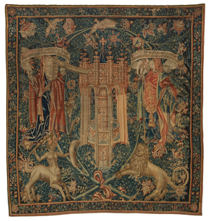 Tapestry, Sibylla Hellespontica and Phrygia (one of set of six Sibyls, consisting of 46.134 to 46.139) called 'The Rothamsted Tapestries', made in Flanders, Tournai or Brussels, Belgium, c.1530 (wool)