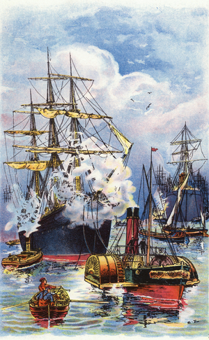 A Merchantman being towed up the river Thames (colour litho)