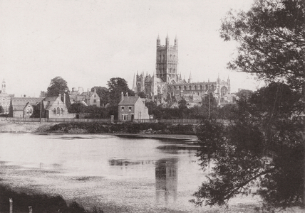 Gloucester Cathedral, from Pool (b/w photo)