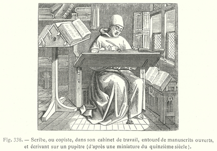 Scribe in his study writing at his desk, surrounded by open manuscripts, after a 15th Century miniature (engraving)