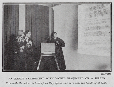 Experiments projecting words onto a screen (b/w photo)