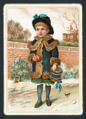 Young Girl holding fur muff and apple, Christmas Card (chromolitho)