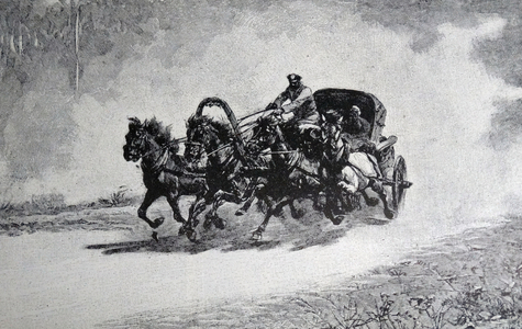 A Siberian trantass carriage moving at speed; Russia 1870