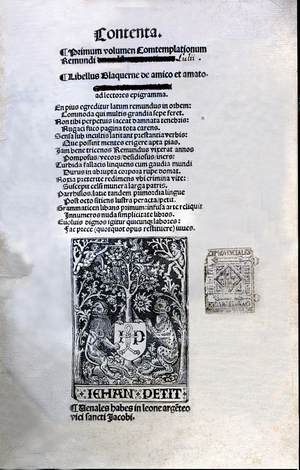Cover of the Latin edition printed by Jean Petit in Paris in 1505 (print)