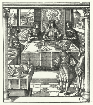 Archduke Maximilian of Austria visiting his future wife, Mary of Burgundy, and her mother, Isabella of Bourbon (engraving)