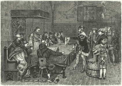 Gustav I Vasa, King of Sweden, confronting Peter Sunnanvader, Bishop of Vasteras, 1527 (engraving)