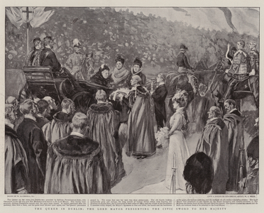 The Queen in Dublin, the Lord Mayor presenting the Civic Sword to Her Majesty (litho)