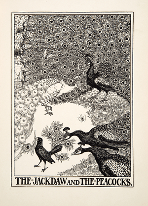 The Jackdaw and the Peacocks, from A Hundred Fables of Aesop, pub.1903 (engraving)