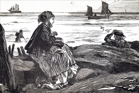 A young woman reading beside the sea