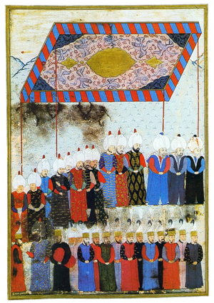 Turkey: Selim II (r.1566-1574), 11th Emperor of the Ottoman Empire, ascends the throne, the courtiers in attendance (left plate). Miniature painting by Ahmed Feridun Pasha, 1568