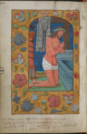 Psalms of the Passion. The dead Christ, with blood streaming from his wounds, kneels by an open tomb, with instruments of the Passion behind him. Borders with trompe l'oeil decoration of flowers. At foot, inscription in the hand of King Henry VIII: inscription in French 'Si silon mon affection la sufvenance sera en voz prieres ne seray gers oblie car vostre suis Henry R. a jammays' ('If you remember my love in your prayers as strongly as I adore you, I shall hardly be forgotten, for I am yours. Henry R. forever')