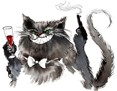 Behemoth with pistol giant cat character from 'The Master and Margarita' by Mikhail Bulgakov (Russian playwright and author, 1891-1940); ink and watercolour, 2015