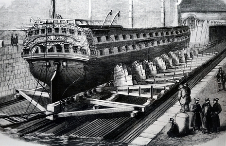 A hydraulic slipway at Constadt for lifting vessels out of the water for repair, 1850