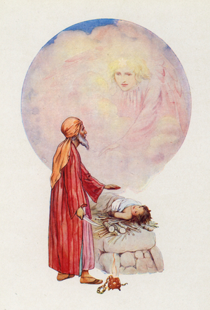 "Lay not thine hand upon the lad" (colour litho)