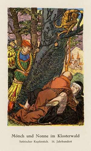 Monk having sex with a nun in the woods of the monastery (colour litho)