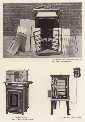 Gas stove for boarding house or cafe, dismantled; Gas cooker for small boarding house; Electric potato cooker (b/w photo)