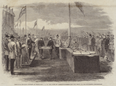The Rifle-Shooting Contest at Wimbledon, HRH the Duke of Cambridge presenting the Prizes  (engraving)