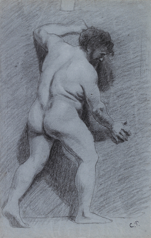 Study of a male nude posed against a wall, seen in profile, facing right (charcoal with white heightening on blue paper)