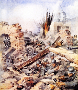 Second World War-Italian Campaign Montecassino-1944 The Battle for Cassino on an illustration of the newspaper La Domenica del Corriere April 2, 1944