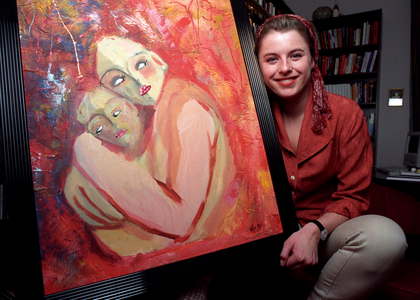 Oslo 199402 Silje Nergaard in Atelier with her artworks, here an oil painting. …, 1994 (photo)